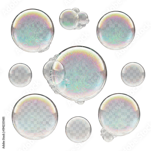 Soap bubbles floating in air, iridescent and transparent, for creative design