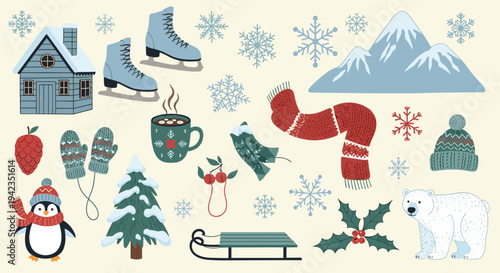 Winter elements collection with penguin, polar bear, and christmas tree for holiday design