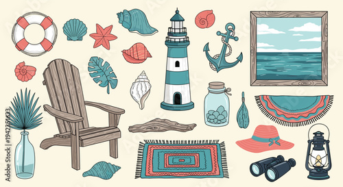Nautical beach decor collection seaside elements beach chair lighthouse anchor seashells and lifebuoy summer vacation theme illustration