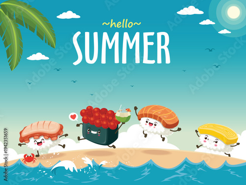 Vintage food poster design with sushi character summer beach