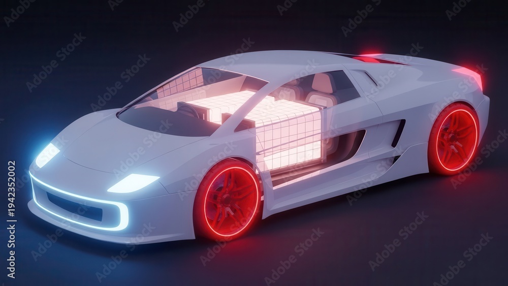 Naklejka premium Futuristic white sports car with glowing red wheels and blue lights