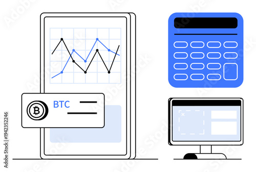 Financial technology, cryptocurrency trading, digital transactions, market analysis, fintech tools, online payments. Smartphone with BTC chart, calculator and monitor. Financial technology