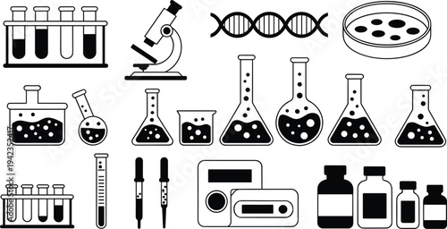 Laboratory equipment illustration, test tubes, microscope, DNA helix, petri dish, chemistry glassware, droppers, scientific tools, biology research, medical science icons