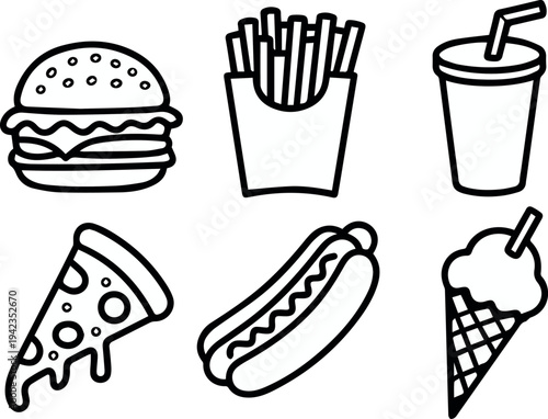 Burger fries and soda icon set