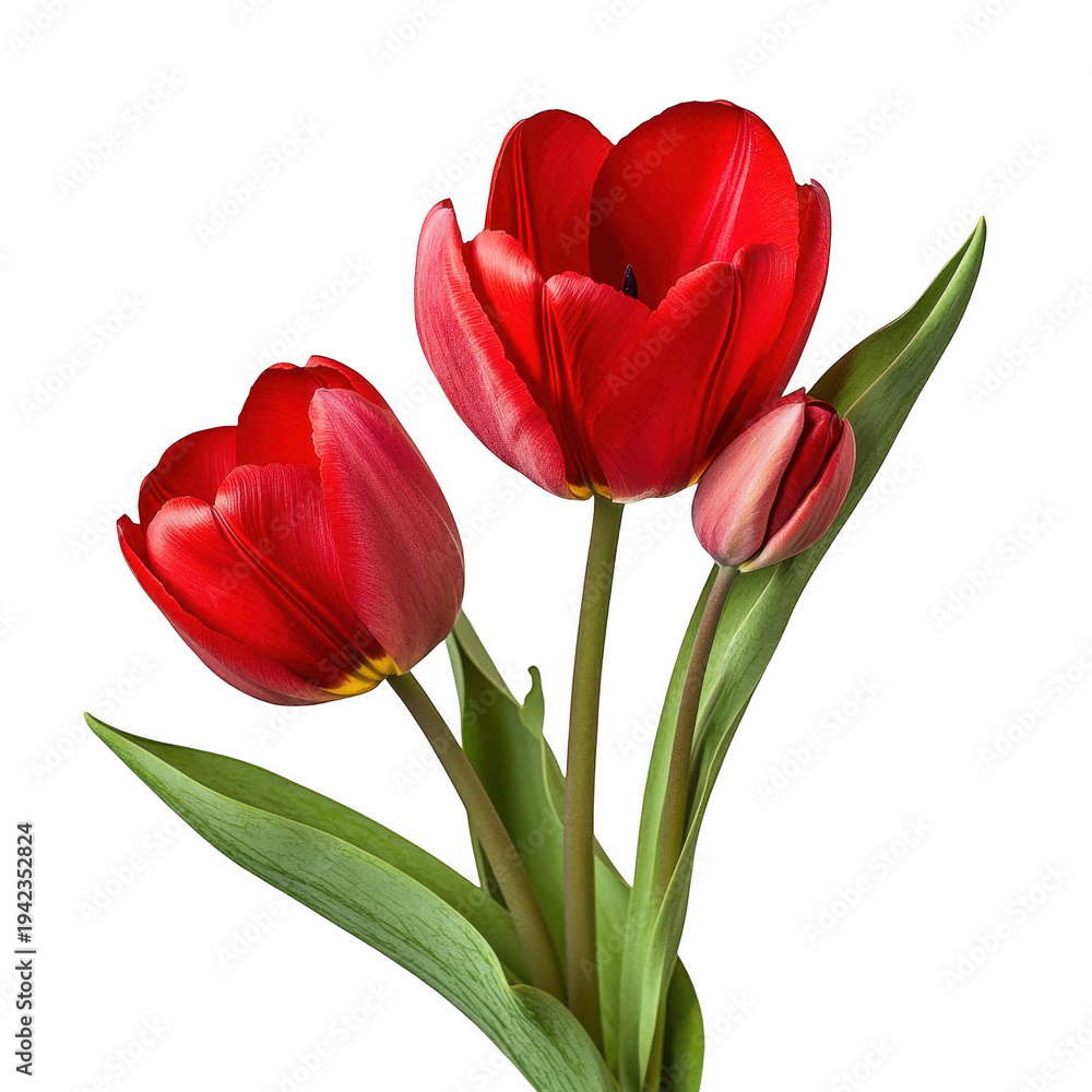 Fototapeta premium Red Tulip Flower with Green Stem PNG Transparent Background Isolated