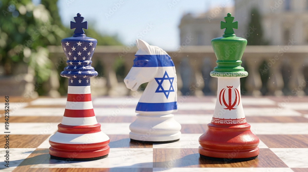 Fototapeta premium Israel USA Iran Chess Pieces with Flags - International Relations and Diplomatic Tensions Concept