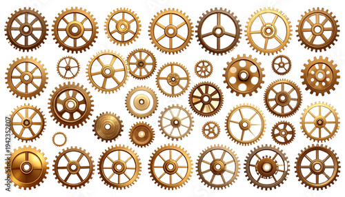 A collection of golden gears and cogs on a transparent background