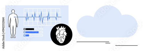 Human figure with cardiogram, heart icon, cloud element, and data metrics. Ideal for healthcare, telemedicine, digital health, vital tracking data storage innovation holistic wellness. Simple flat