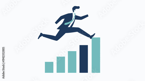 Ambitious Businessman Jumping Over Growing Bar Chart with City Skyline; Concept for Financial Success, Market Growth, and Professional Achievement - Flat Vector Illustration