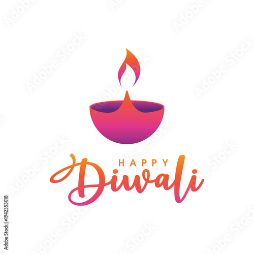 Happy Diwali Greeting Card with Minimalist Hand Drawn Diya Oil Lamp Illustration and Elegant Gradient Typography on White Background