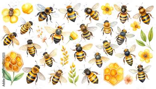 A colorful illustration of bees and flowers on transparent background