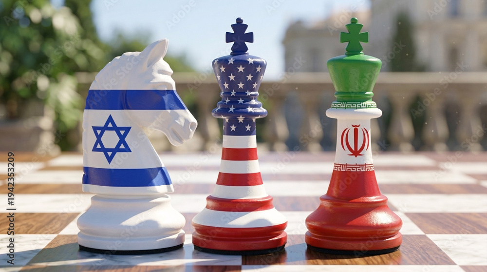Fototapeta premium Israel USA Iran Chess Pieces with Flags - International Relations and Diplomatic Tensions Concept