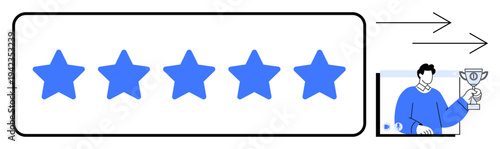 Five stars positioned in a row with a person holding a trophy, indicating top performance and success. Ideal for customer satisfaction, quality assurance, reviews, recognition, rating systems