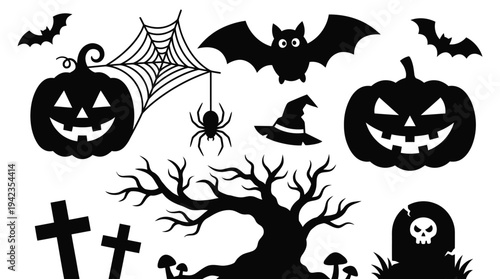 Halloween Silhouette Collection with Spooky Pumpkins, Bats, Spider Web, Witch Hat, and Haunted Tree on White Background