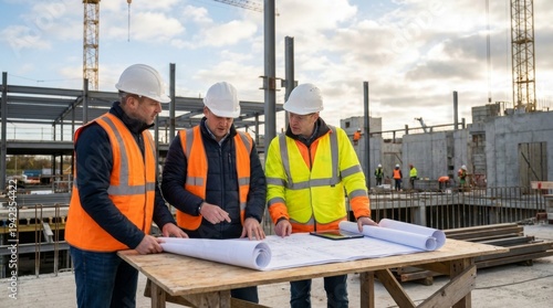 Construction Team Discussing Blueprints on Building Site