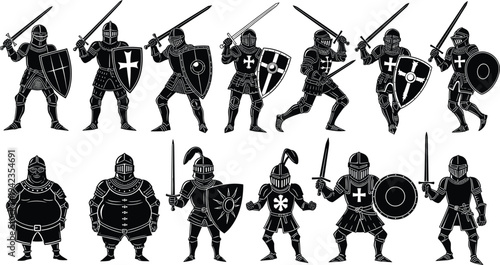 Medieval knight warriors silhouettes collection, armored soldiers with swords and shields, fantasy medieval combat characters set, historical warrior vector isolated on white background