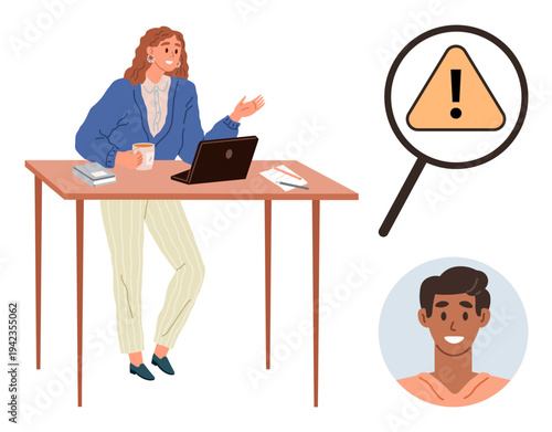 Online safety, cybersecurity, digital communication, user identification, risk awareness, educational content. Woman at desk with laptop, magnifying glass showing warning symbol male icon. Online