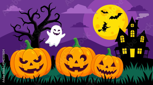 Halloween Night Illustration with Jack-o'-lanterns, Spooky Ghost, Haunted House, and Flying Witch under Full Moon