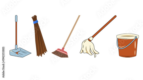 Set of cleaning tools with broom, mop, and feather duster illustration