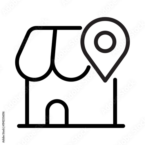 Shop building icon with a map pin for finding physical store locations