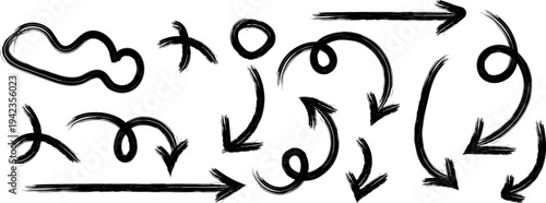 A collection of hand drawn black arrows swirls and abstract lines on a plain white background indicating direction and flow