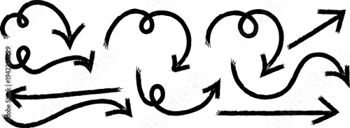 A collection of hand drawn black arrows in various swirling and directional shapes suggesting movement and guidance high quality