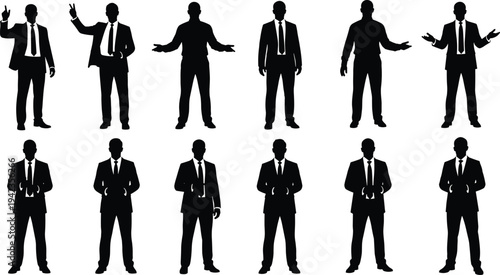 Businessman silhouette set showing different gestures and standing poses corporate professional men collection isolated black vector illustration bundle