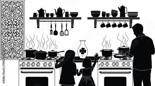 Family cooking silhouette, kitchen scene, father children, domestic life, culinary teamwork, home kitchen, cooking together, family bonding, food preparation art