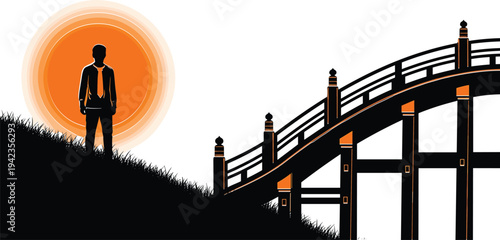 Silhouette person, sunset hill, orange sun, wooden bridge, dramatic artwork, solitude scene, contemplation design, nature illustration, journey symbol, artistic landscape