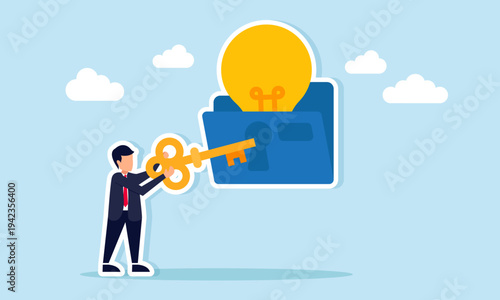 Businessman trying to insert key into keyhole on folder with light bulb illustration concept of finding solution through new business ideas creativity and innovation