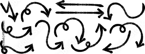 A collection of hand drawn black arrows and swirling lines depicting direction movement and cyclical processes high quality professional
