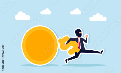 Thief stealing dollar symbol from dollar coin illustration concept of corruption and misuse of business capital funds in financial management