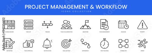 Collection of productivity icons illustrating project management methodologies and organizational workflow processes
