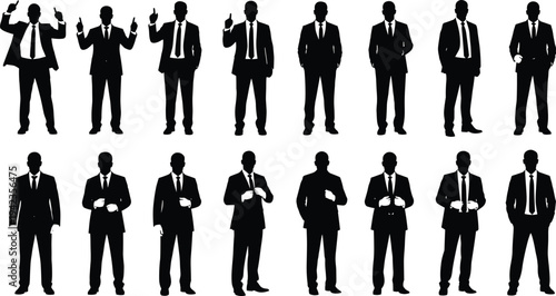 Businessman silhouette set in suit with different poses standing corporate professional people collection isolated black vector illustration bundle