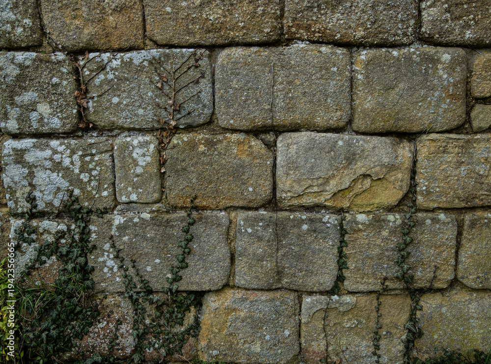 Fototapeta premium Ancient stone wall texture with rough limestone blocks and historic masonry
