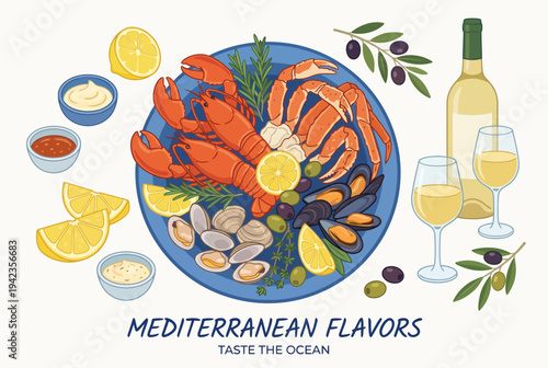 This appetizing illustration features a vibrant seafood platter complete with shrimp, crab, and lemon, celebrating the rich and delightful flavors of Mediterranean cuisine.