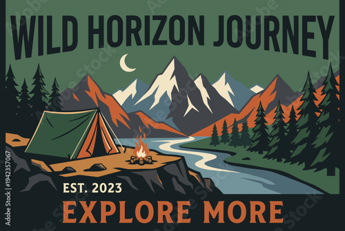 A stunning camp scene capturing the spirit of adventure with an inviting tent, a glowing campfire, and majestic mountains, encouraging exploration of the great outdoors.