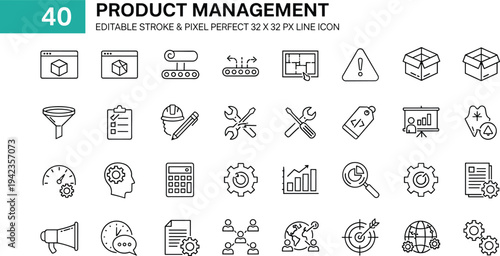 Product management line icons collection with workflow analytics strategy tools planning editable stroke pixel perfect vector business set