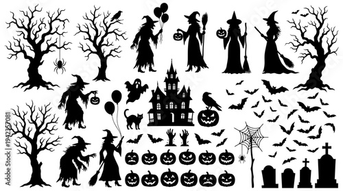 Halloween Silhouette Collection with Spooky Witches, Haunted House, Jack-o-Lanterns, Bats, and Dead Trees