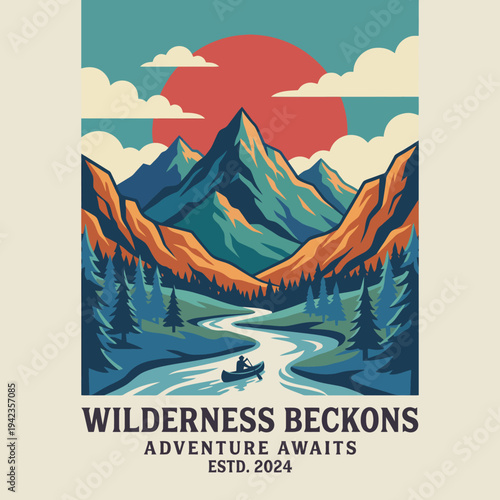 A vibrant artwork depicting a canoeist traversing through a mountain landscape, inviting viewers to embrace the adventure and serenity of the wilderness beyond.