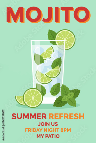 This vibrant image features a refreshing mojito drink, complete with lime slices and mint leaves, perfect for summer gatherings or a relaxing evening.