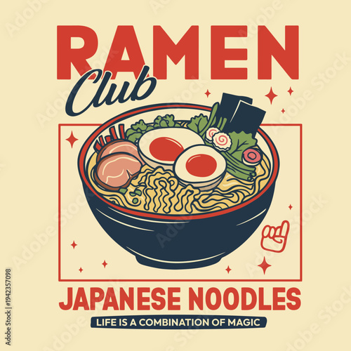 This eye-catching illustration showcases a bowl of ramen with various toppings, celebrating the rich flavors and cultural significance of this beloved Japanese dish.