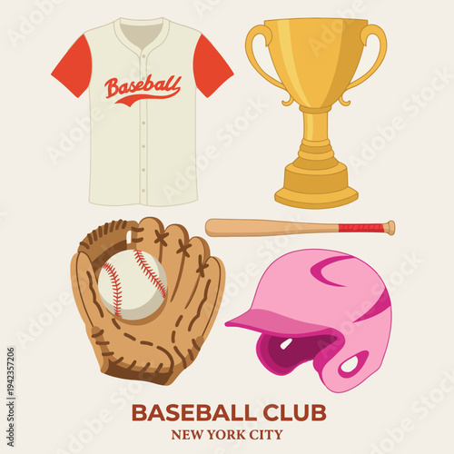 This vibrant illustration captures the essence of a baseball club, featuring a jersey, trophy, bat, glove, and helmet, ideal for sports enthusiasts and teams alike.