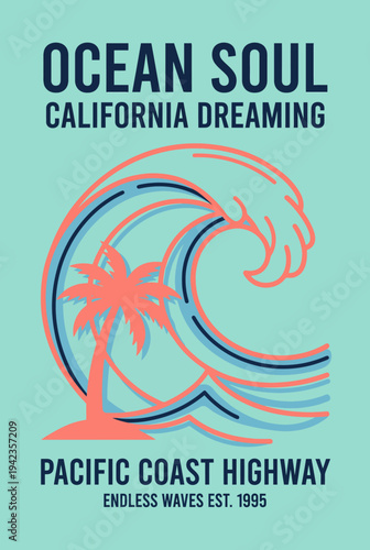 This vibrant image captures a stylized wave and palm tree, embodying the carefree spirit of California's coast and evoking a sense of beachside adventure and relaxation.