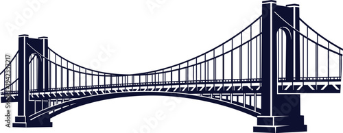 Suspension bridge illustration, architectural engineering design, tall towers with cables, arched deck artwork, iconic city structure, modern infrastructure silhouette style