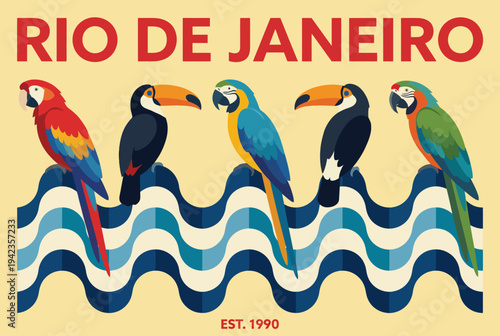 This vivid image displays an array of colorful parrots set against a wave pattern, reflecting the vibrant lifestyle and natural beauty found in Rio de Janeiro’s rich environment.