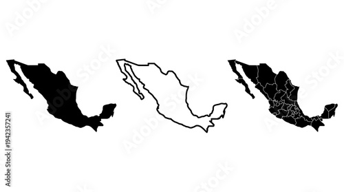 Set of Mexico Country Map Icons: Solid Silhouette, Line Outline, and Detailed State Borders Illustration