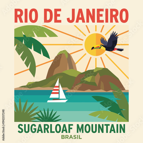 An inviting travel poster showcasing the vibrant landscape of Rio de Janeiro with Sugarloaf Mountain, perfect for travel enthusiasts dreaming of a tropical escape.