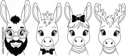 Set Of Cute Donkey And Reindeer Characters Featuring Animals With Glasses Beard Crown Bow Tie And Jewelry Outline Vector Illustration For Coloring Pages