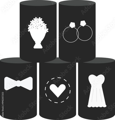 Vector illustration of a pyramid stack of five black tin cans, each decorated with a white wedding-themed icon. The icons include a bridal bouquet, wedding rings, bow tie, heart, and a wedding dress.